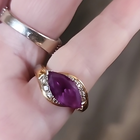 Sterling Silver Gold Vermeil Purple Stone and Diamond Accent Stones Sz 5 Pinky - Picture 8 of 8